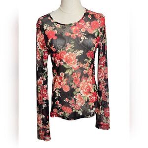 Forever 21 Black Mesh Floral Shirt Top